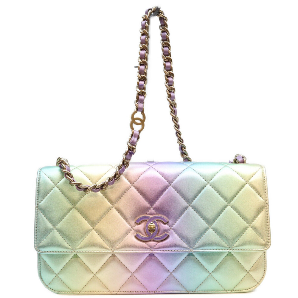 CHANEL AS4623 Rainbow Lambskin Gold Hardware S-Flap Matelassé Shoulder Bag W2...